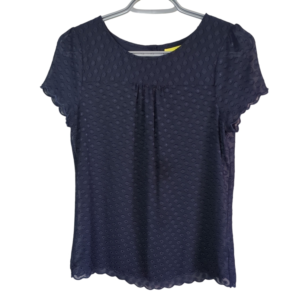Maeve Anthropologie Blouse Top Swiss Dot Scallop Hem Sheer,‎ Navy Blue, Size 0